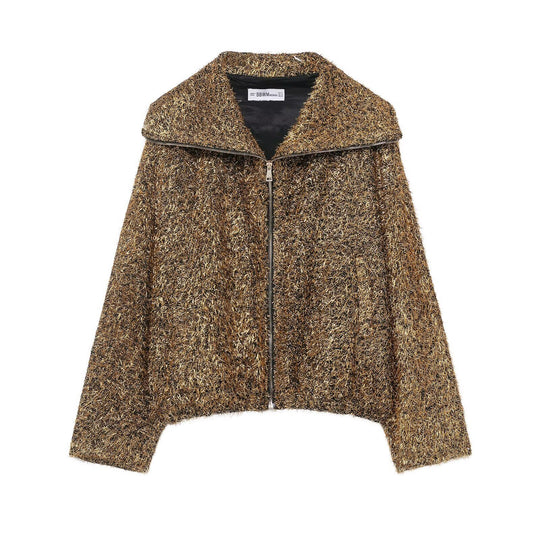 Damen Glitzernde Bouclé-Zipjacke mit weitem Kragen und cropped Boxy‑Schnitt Nord Taschen
