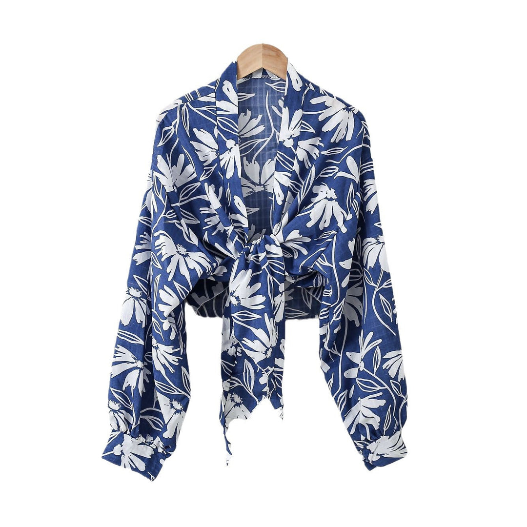 Damen nan florale Knoten-Bluse im Wickelstil mit Ballonärmeln und leichter Leinenoptik