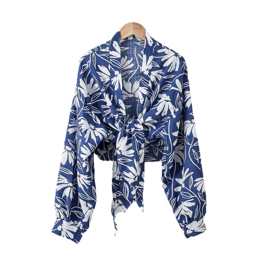 Damen nan florale Knoten-Bluse im Wickelstil mit Ballonärmeln und leichter Leinenoptik