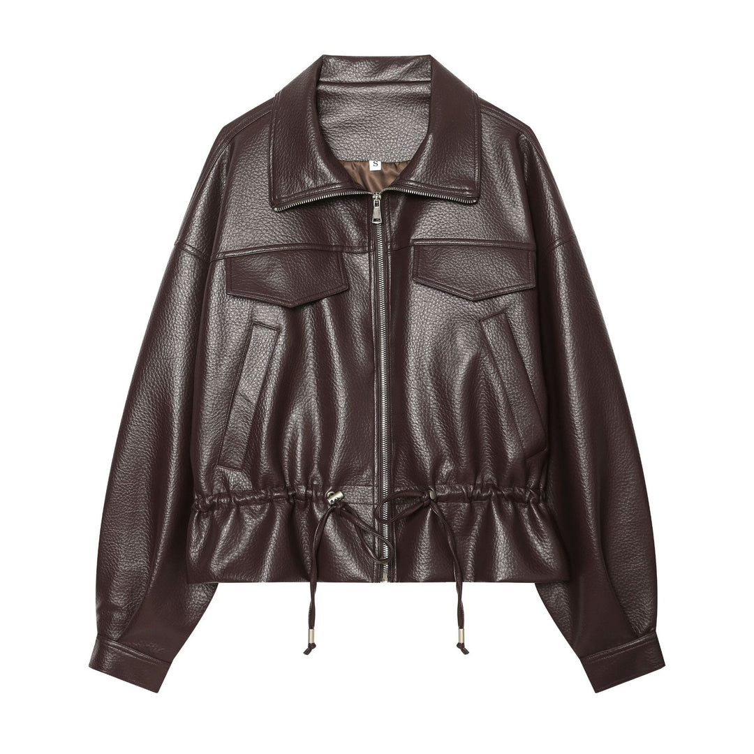 Damen Kurzer Lederoptik Blouson mit Tunnelzugtaillierung Nord Taschen