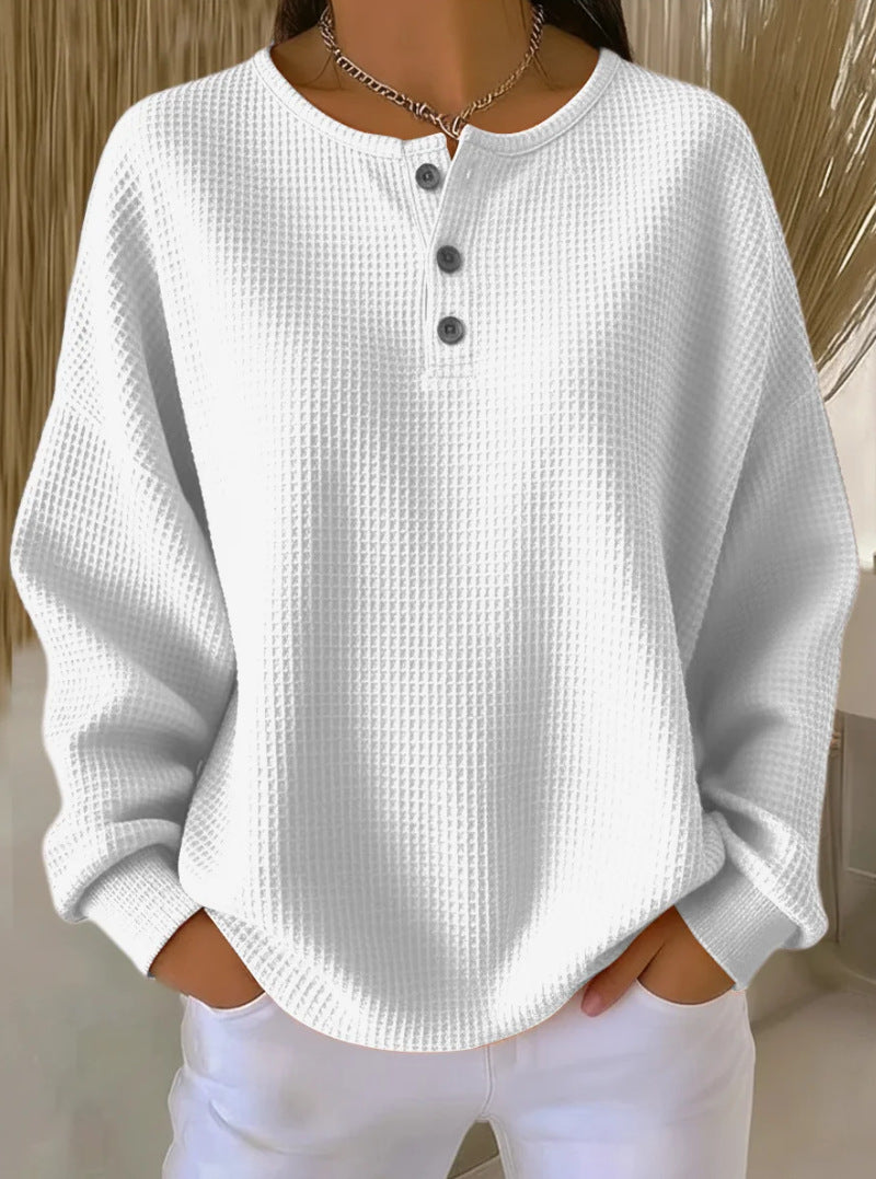 Damen Oversize Waffelstrick-Henleyshirt mit Knopfleiste und Rundhalsausschnitt Nord Taschen