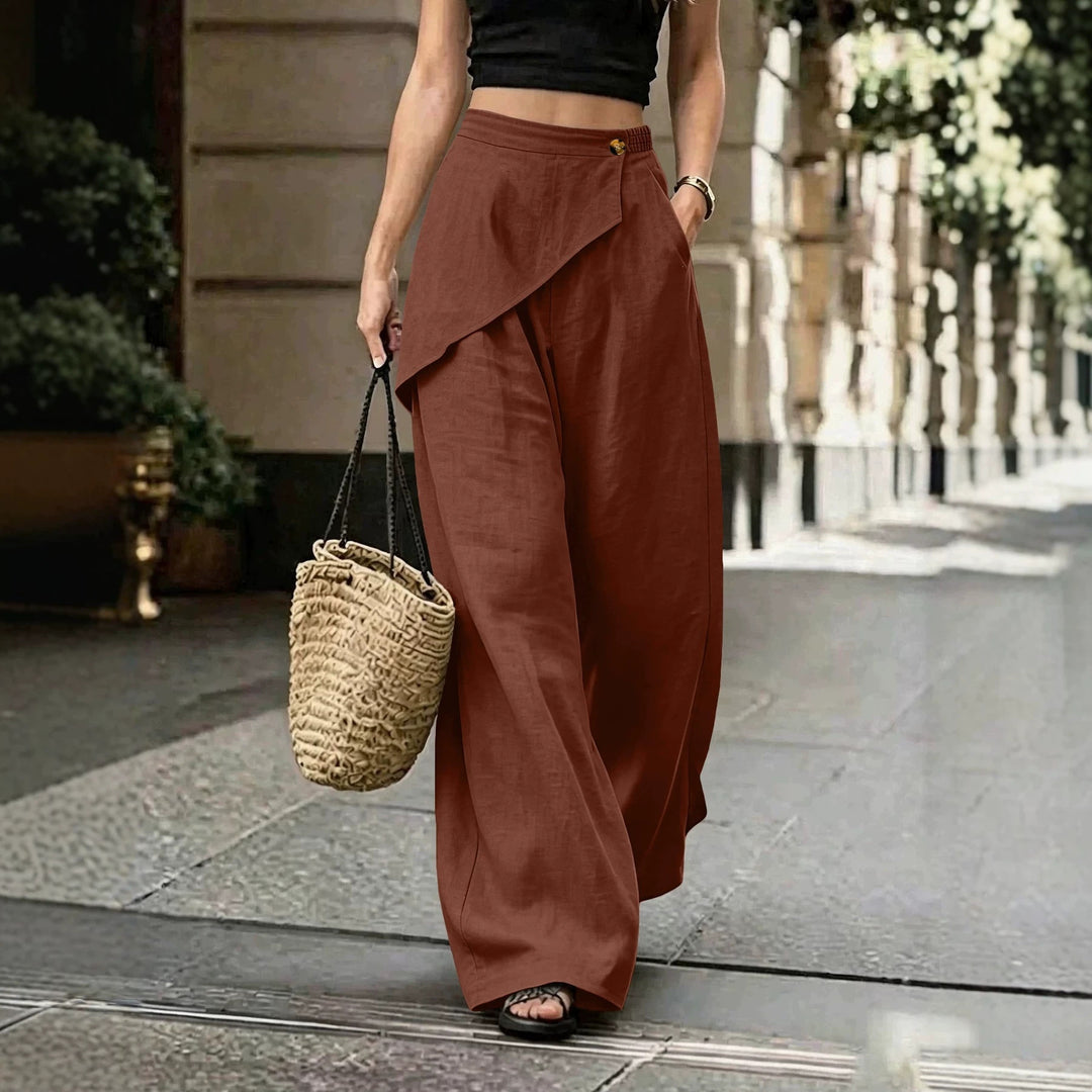 Damen Leichte Leinenhose mit Wickel-Front und weitem Bein Nord Taschen
