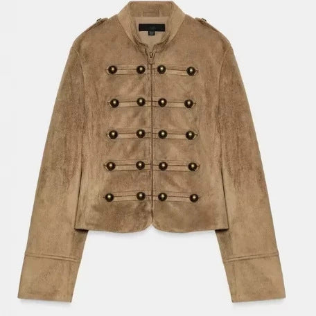 Damen Cropped Velourslederblouson im Military‑Look mit dekorativer Paradeknopfleiste Nord Taschen