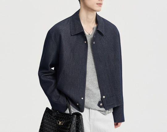 Herren Boxy-Jeansjacke im Minimalstil mit Hemdkragen und verdeckter Druckknopfblende Nord Taschen