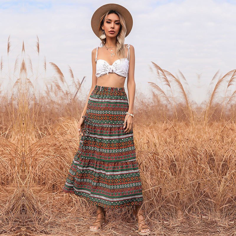 Damen Langer Boho-Maxirock mit Ethno-Print und seitlichen Bindebändern Nord Taschen