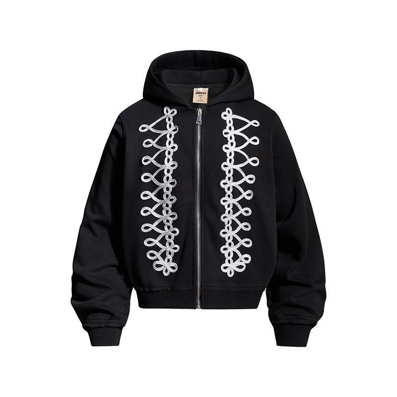 Damen Kapuzen-Sweatjacke mit dekorischer Frogging-Stickerei und durchgehendem Reißverschluss Nord Taschen