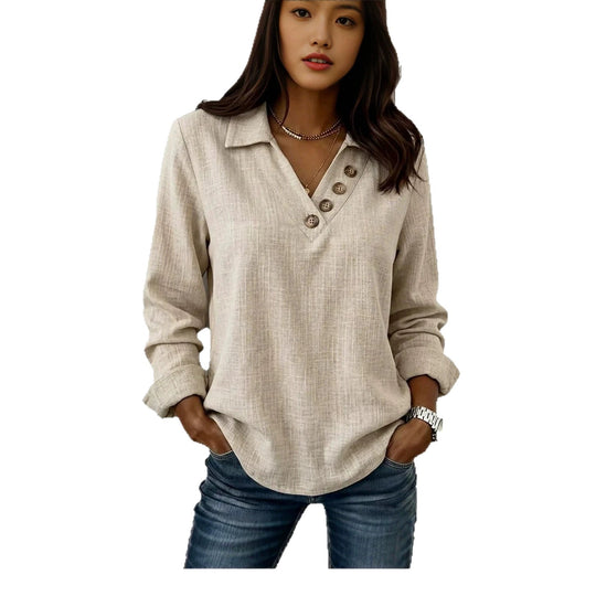 Damen Lässiges V-Ausschnitt-Blusenshirt mit Hemdkragen und asymmetrischer Zierknopfleiste Nord Taschen