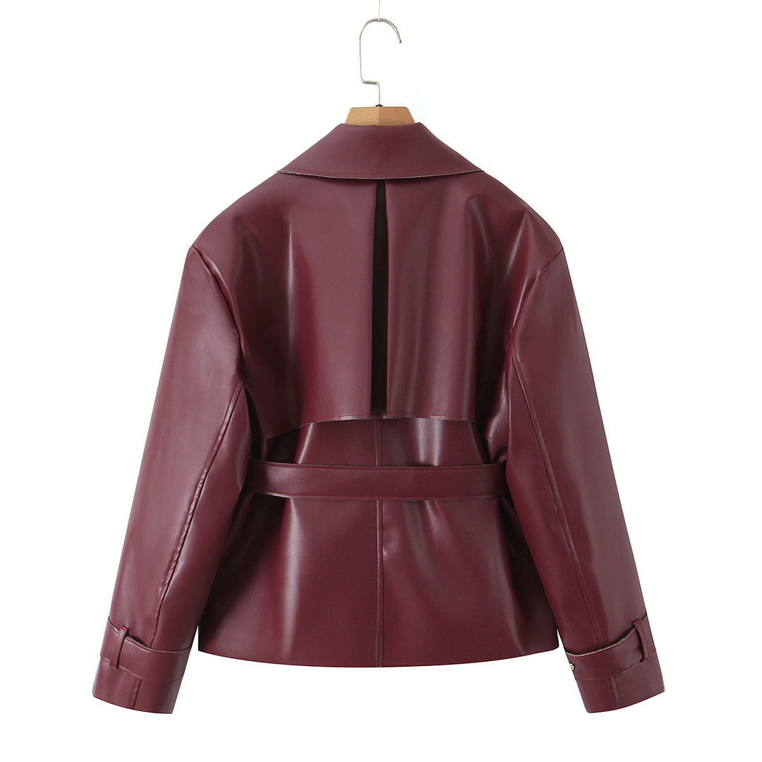 Damen Taillierte kurze Trenchjacke mit Bindegürtel und Cape-Detail aus veganer Lederoptik Nord Taschen