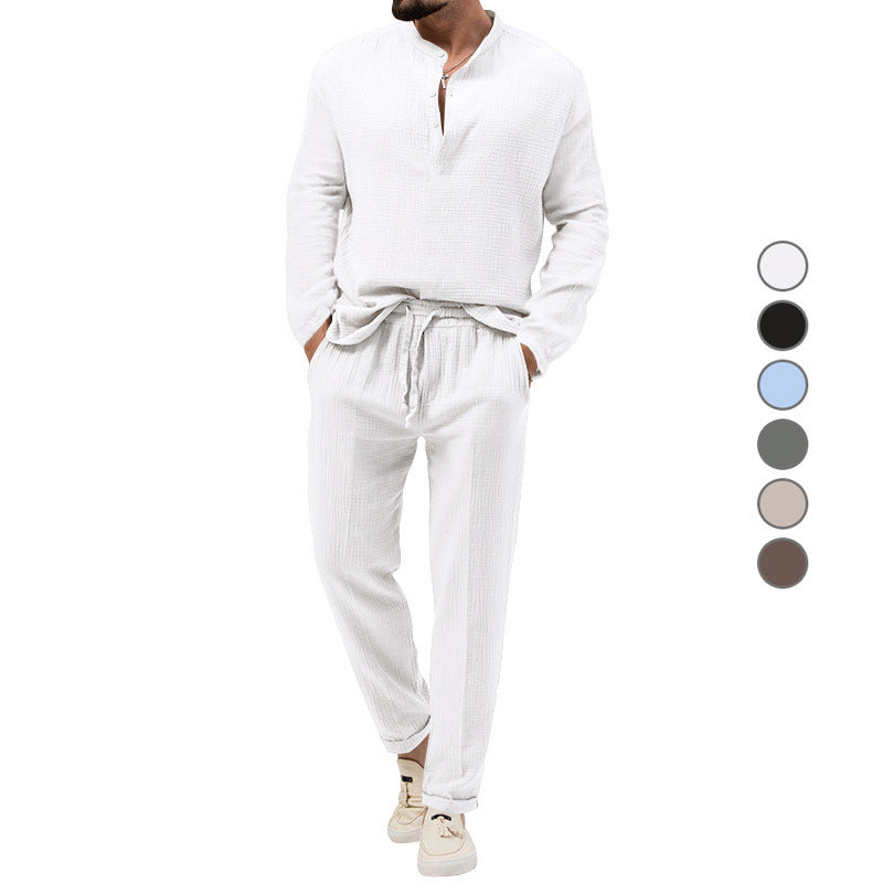 Herren Lässiges Zweiteiliges Lounge-Set aus Baumwoll-Gauze mit Henley-Oberteil und Tunnelzug-Hose Nord Taschen