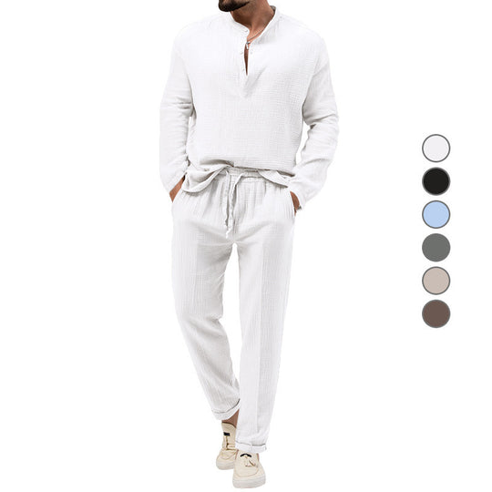Herren Lässiges Zweiteiliges Lounge-Set aus Baumwoll-Gauze mit Henley-Oberteil und Tunnelzug-Hose Nord Taschen