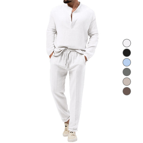 Herren Lässiges Zweiteiliges Lounge-Set aus Baumwoll-Gauze mit Henley-Oberteil und Tunnelzug-Hose Nord Taschen