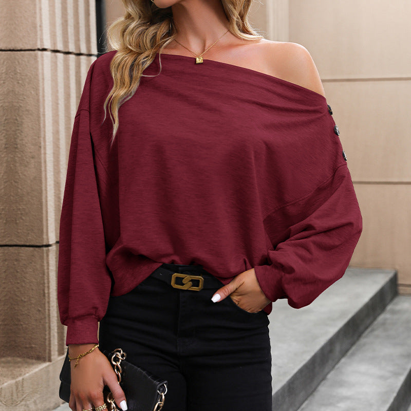 Damen Oversize Off-Shoulder Sweatshirt mit Zierknopfleiste und Ballonärmeln Nord Taschen