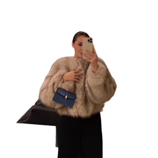 Damen Cropped Kunstpelz‑Bomber mit rundem Ausschnitt, weich fallendem Hochflor und kastiger Silhouette Nord Taschen