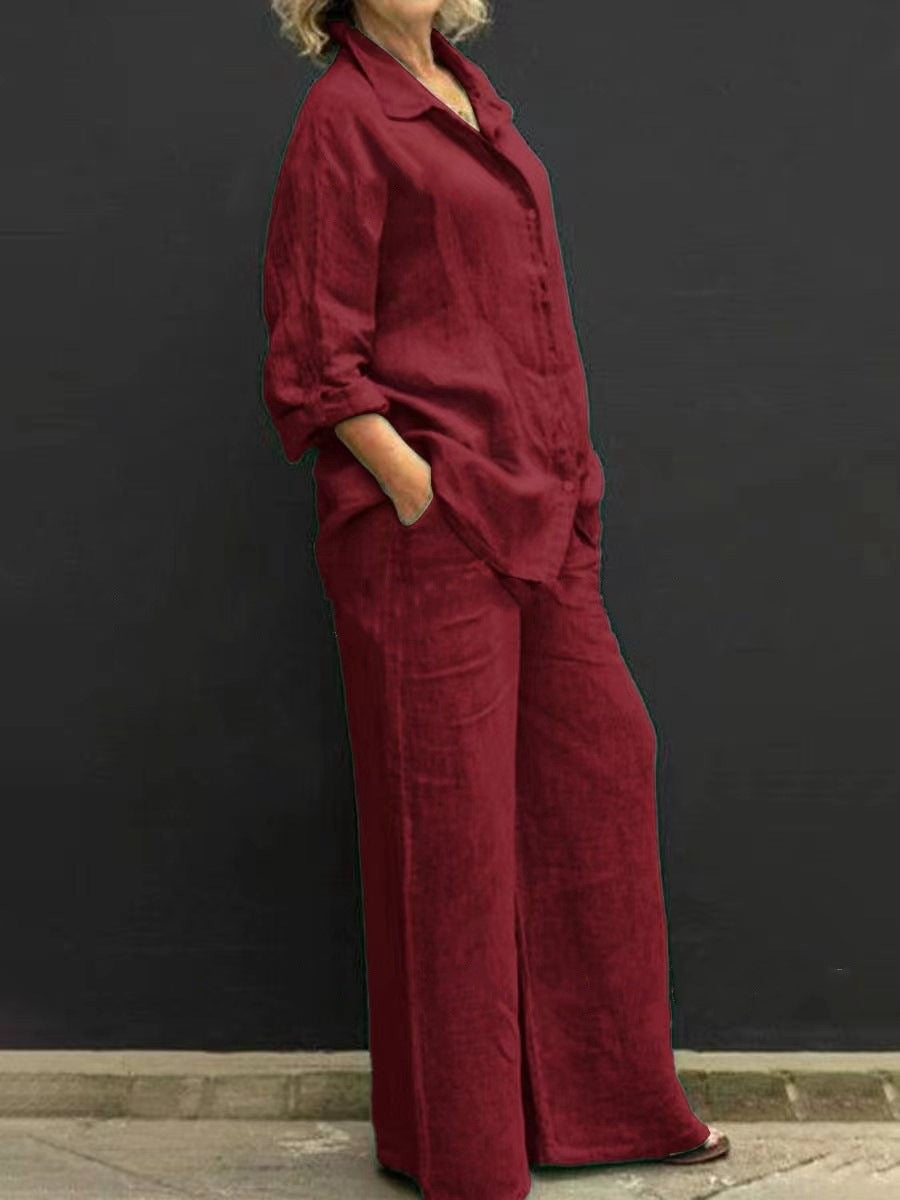 Damen Relaxed-Buttondown-Hemd und High-Waist-Palazzo im Leinenoptik Nord Taschen