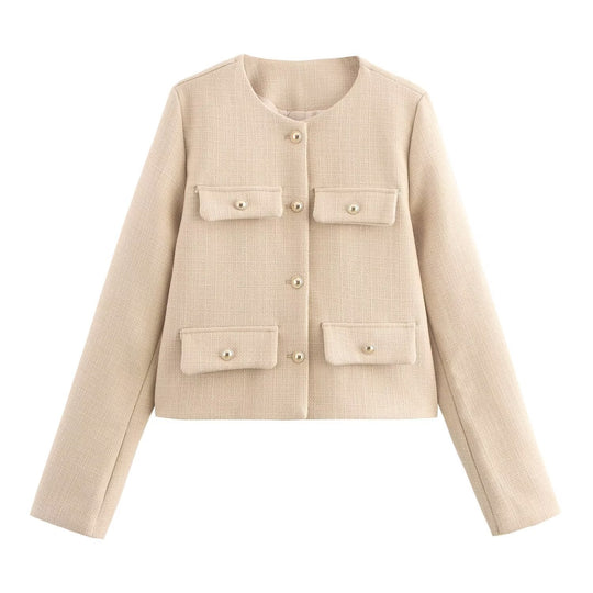 Damen Kurze Bouclé-Blazerjacke mit Rundhalsausschnitt, Zierleistentaschen und goldfarbenen Knöpfen Nord Taschen
