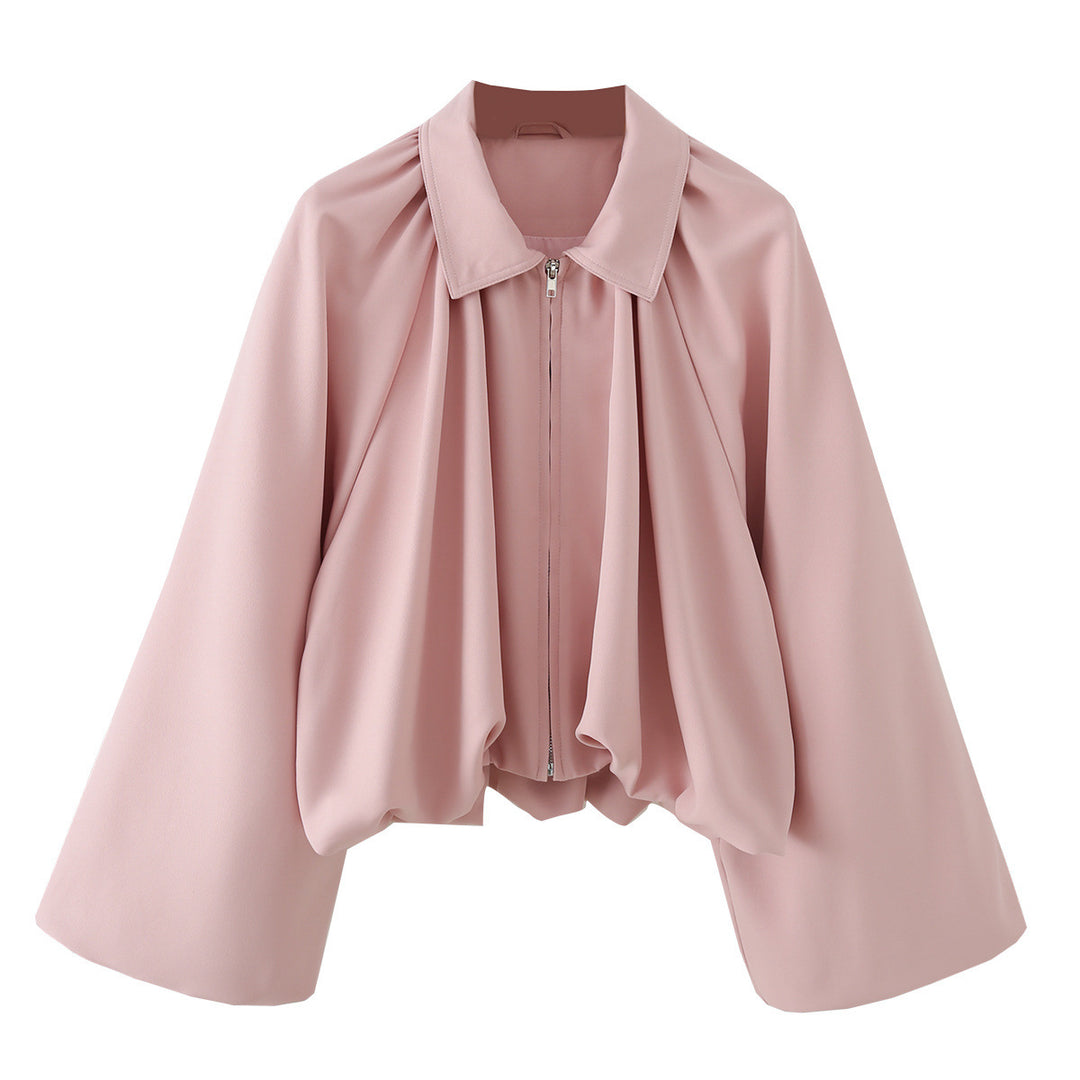Damen Kurzjacke mit Kräusel-Volants, weitem Ärmel und Reißverschluss Nord Taschen