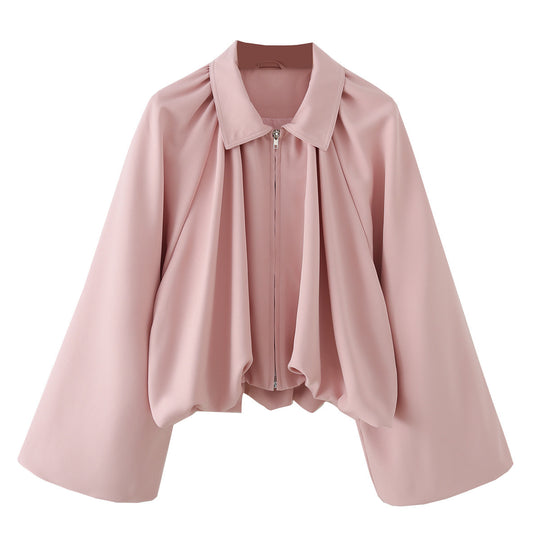 Damen Kurzjacke mit Kräusel-Volants, weitem Ärmel und Reißverschluss Nord Taschen