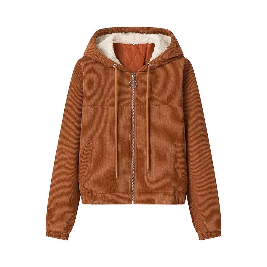 Damen Kurz geschnittene Cordjacke mit Kapuze, Teddyfutter und durchgehendem Reißverschluss Nord Taschen