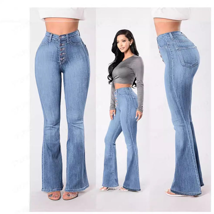 Damen hochgeschnittene Bootcut-Jeans mit sichtbarer Knopfleiste, figurformendem Stretch und schlankem Oberschenkel Nord Taschen