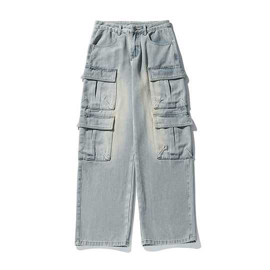 Unisex weite Cargo-Jeanshose mit hoher Taille, mehreren Klappentaschen und geradem Bein Nord Taschen