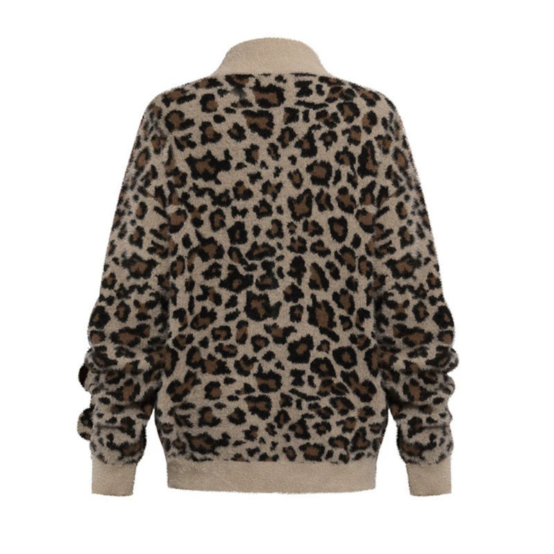 Damen Flauschige Teddy-Fleece-Jacke mit Leopardenmuster und Frontreißverschluss Nord Taschen