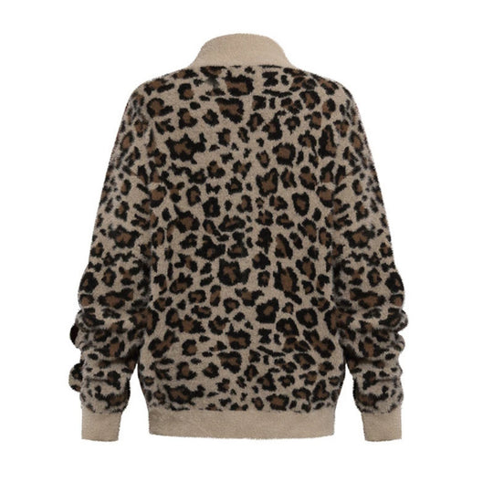 Damen Flauschige Teddy-Fleece-Jacke mit Leopardenmuster und Frontreißverschluss Nord Taschen