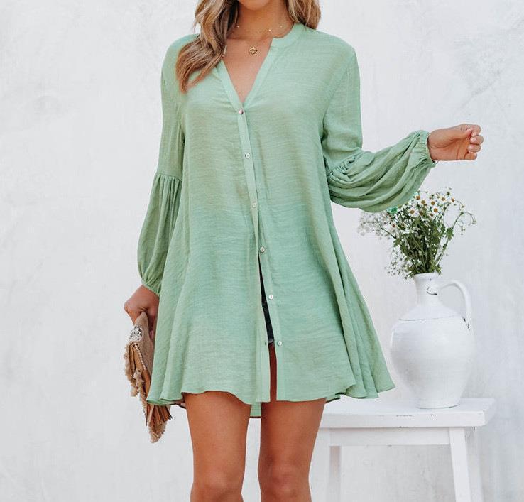Damen Lässige Bluse mit Ballonärmeln und durchgehender Knopfleiste