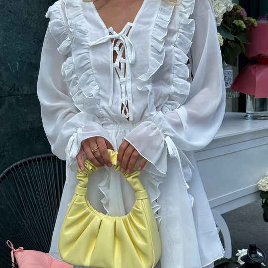 Damen Romantisches Chiffon-Minikleid mit Volants und Schnürdetail Nord Taschen
