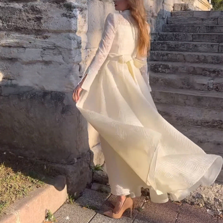 Damen Elegantes Maxikleid mit Spitzenärmeln und Taillengürtel