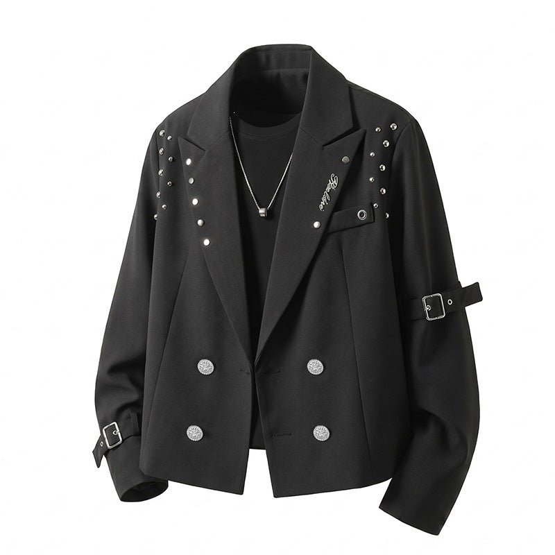 Herren Kurzblazer-Jacke im Rockigen Biker‑Look mit Nietenbesatz, Doppelreiher & Ärmel-Schnallen Nord Taschen