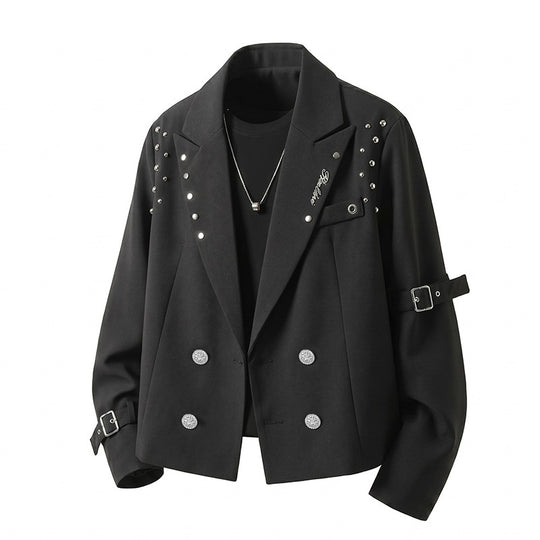Herren Kurzblazer-Jacke im Rockigen Biker‑Look mit Nietenbesatz, Doppelreiher & Ärmel-Schnallen Nord Taschen