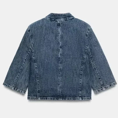 Damen Boxy Cropped Denimjacke mit Mandarin-Kragen, asymmetrischer Knopfblende und Fransenabschluss Nord Taschen