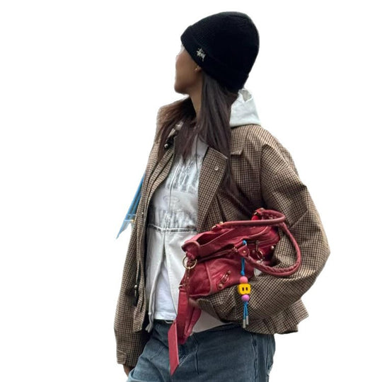 Damen Boxy-Kurzjacke im Glencheck mit elastischem Saum und Reißverschluss Nord Taschen