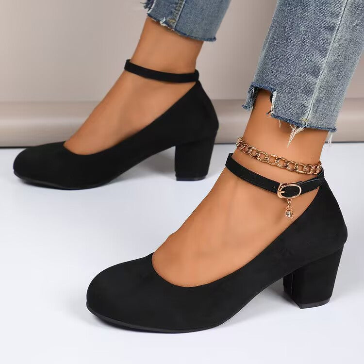 Damen Elegante Pumps mit breitem Blockabsatz und verstellbarem Knöchelriemen
