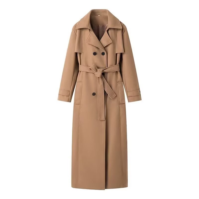 Damen Maxilanger zweireihiger Trenchcoat aus Wollmix mit Bindegürtel und Schulterklappe Nord Taschen