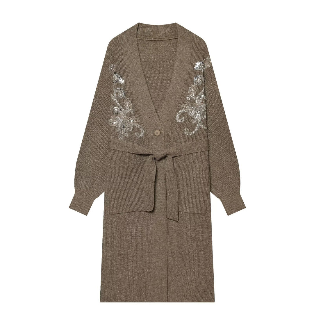 Damen Langer Strickcardigan mit Taillengürtel und Pailletten‑Stickerei Nord Taschen