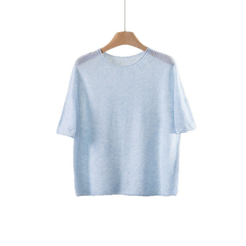Damen Leichtes Feinstrick-Shirt mit halblangen Ärmeln, Rundhals und feinem Lochmuster Nord Taschen