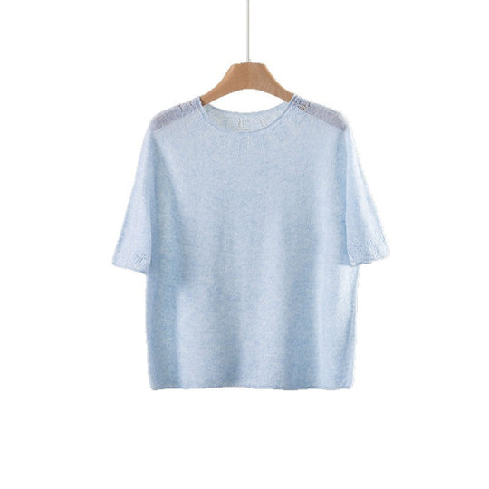 Damen Leichtes Feinstrick-Shirt mit halblangen Ärmeln, Rundhals und feinem Lochmuster Nord Taschen