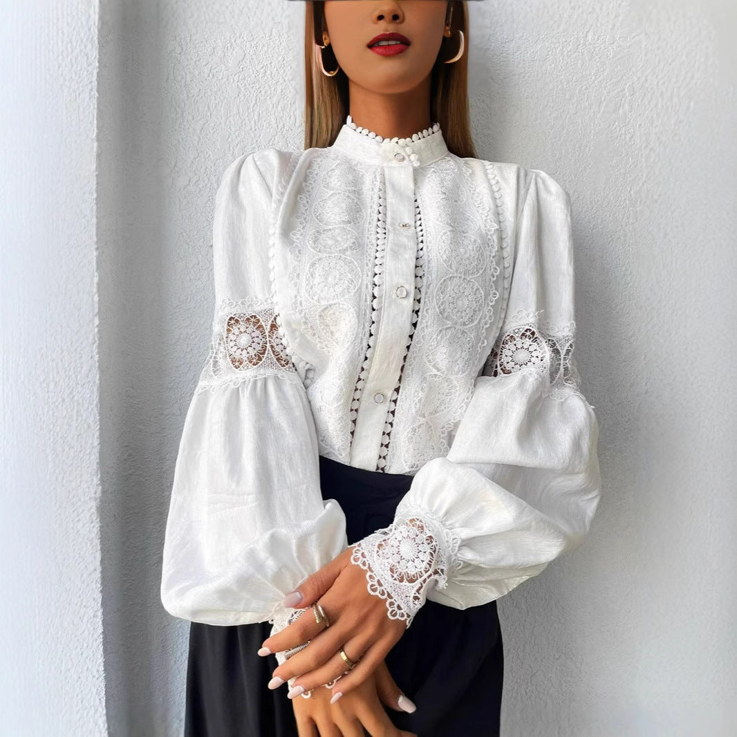 Damen Elegante Spitzenbluse im Vintage-Stil mit Stehkragen und Ballonärmeln Nord Taschen