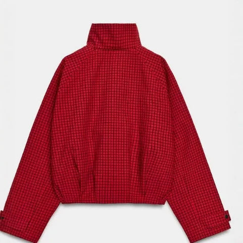 Damen Cropped Bomberjacke mit Stehkragen, Karomuster und elastischem Saum Nord Taschen