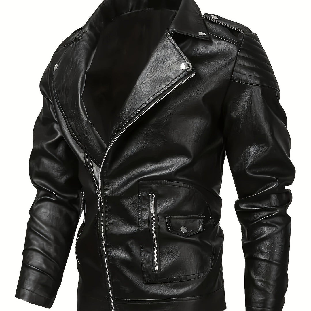 Herren Asymmetrische Bikerjacke aus Kunstleder mit gesteppten Schulterpaddings und Utility‑Taschen Nord Taschen