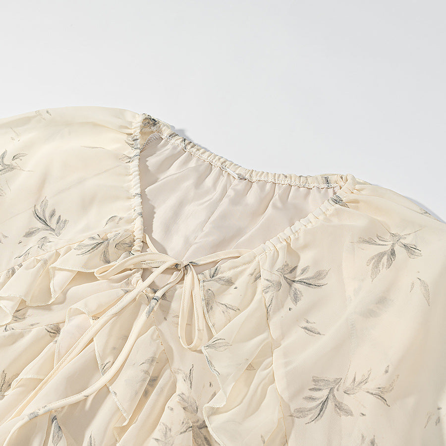 Damen 20+ Maxikleid mit Volants, langen Ballonärmeln und Bindeband Nord Taschen