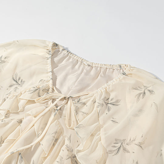 Damen 20+ Maxikleid mit Volants, langen Ballonärmeln und Bindeband Nord Taschen