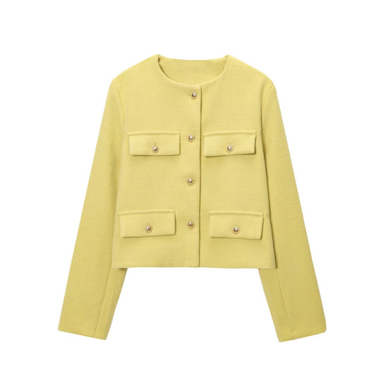 Damen Bouclé-Cropped-Jacke mit vier Pattentaschen und goldenen Schmuckknöpfen Nord Taschen