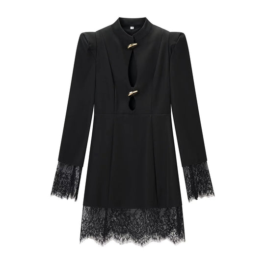 Damen Midikleid mit Stehkragen, Cut-Out‑Front, goldenen Zierverschlüssen und Spitzenbesatz Nord Taschen