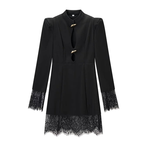 Damen Midikleid mit Stehkragen, Cut-Out‑Front, goldenen Zierverschlüssen und Spitzenbesatz Nord Taschen