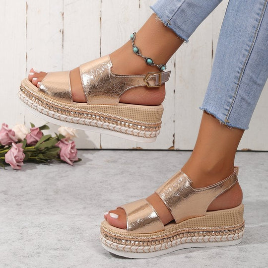 Damen Riemensandalen mit modischer Schmuckverzierung und Plateau-Rand