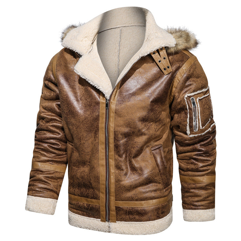 Herren Fliegerjacke aus Vintage-Lederoptik mit Teddyfutter und Kapuze Nord Taschen