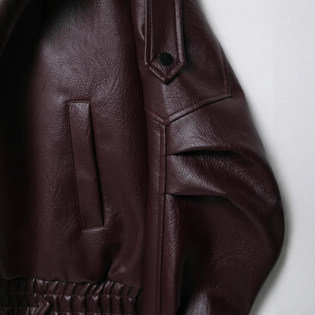 Damen Oversized Lederjacke im Bomberstil mit Taillengürtel Nord Taschen