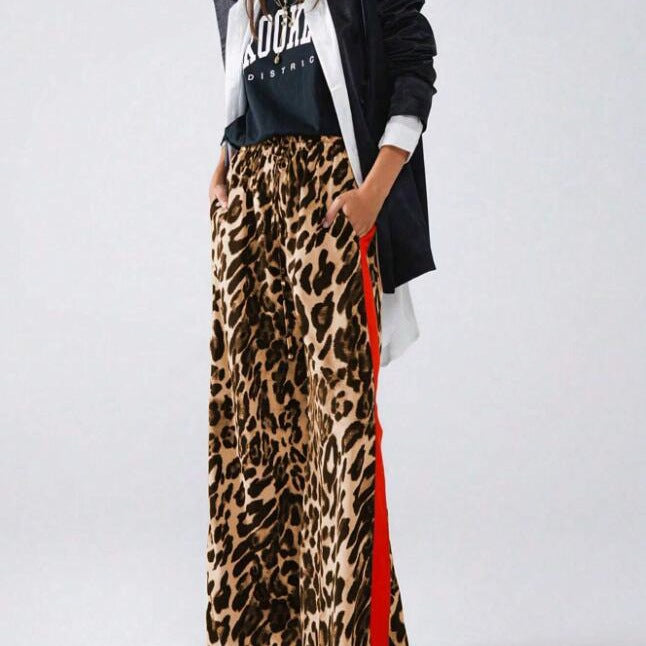 Damen weite Leinenhose mit modischem Leopardenmuster und kontrastierendem Streifen
